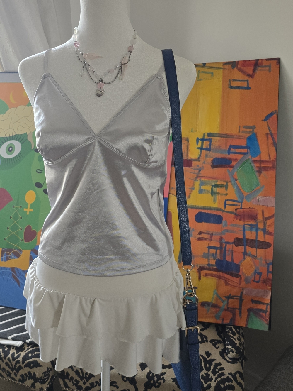 UO Out From Under Silver Satin Cami Corset Top Metallic Y2K Indie Sleaze Cyber L